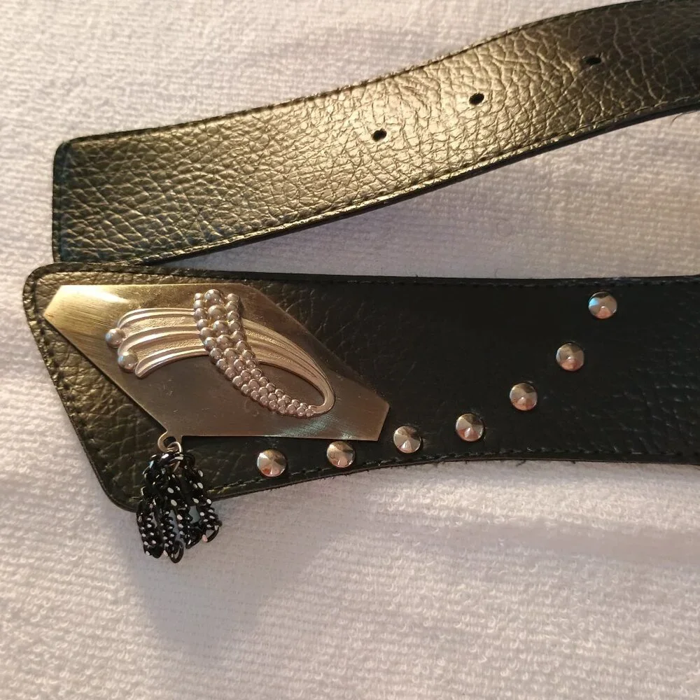 Women Sz Medium Leather Wide Belt Black Metal Deco Statement Bold Vintage Preppy